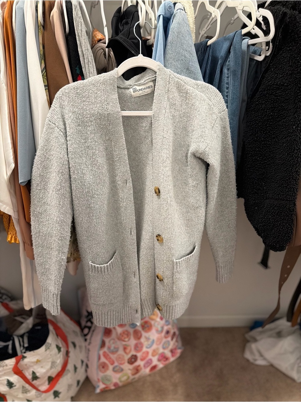 No Boundaries Light Gray Button-Front Cardigan